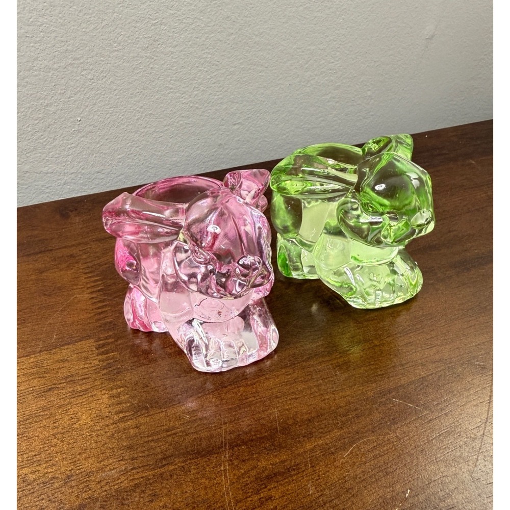 Celebration Crystal Glass Bunny Candle Holders Pink Green Easter Rabbit Set of 2